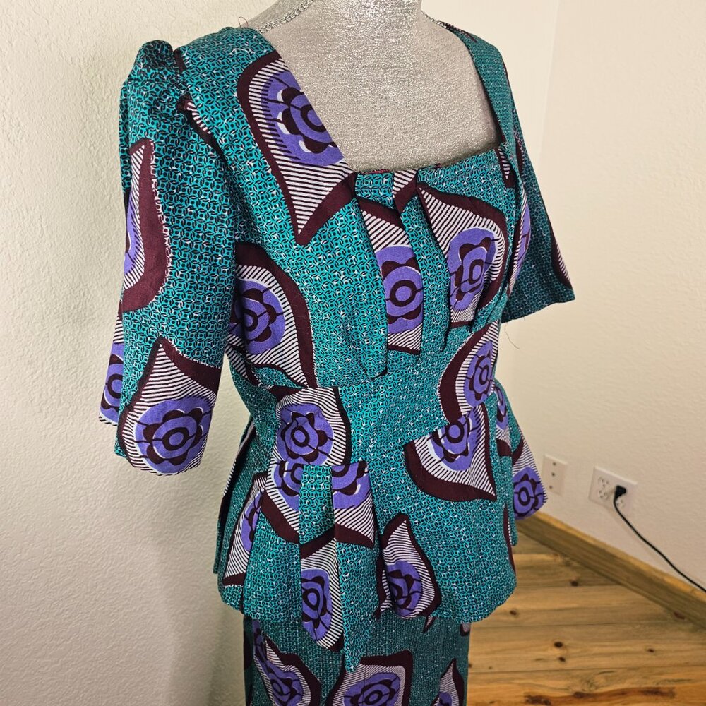 HANDMADE African Style Pleated Peplum Top Skirt Set Teal Purple Hand Crafted